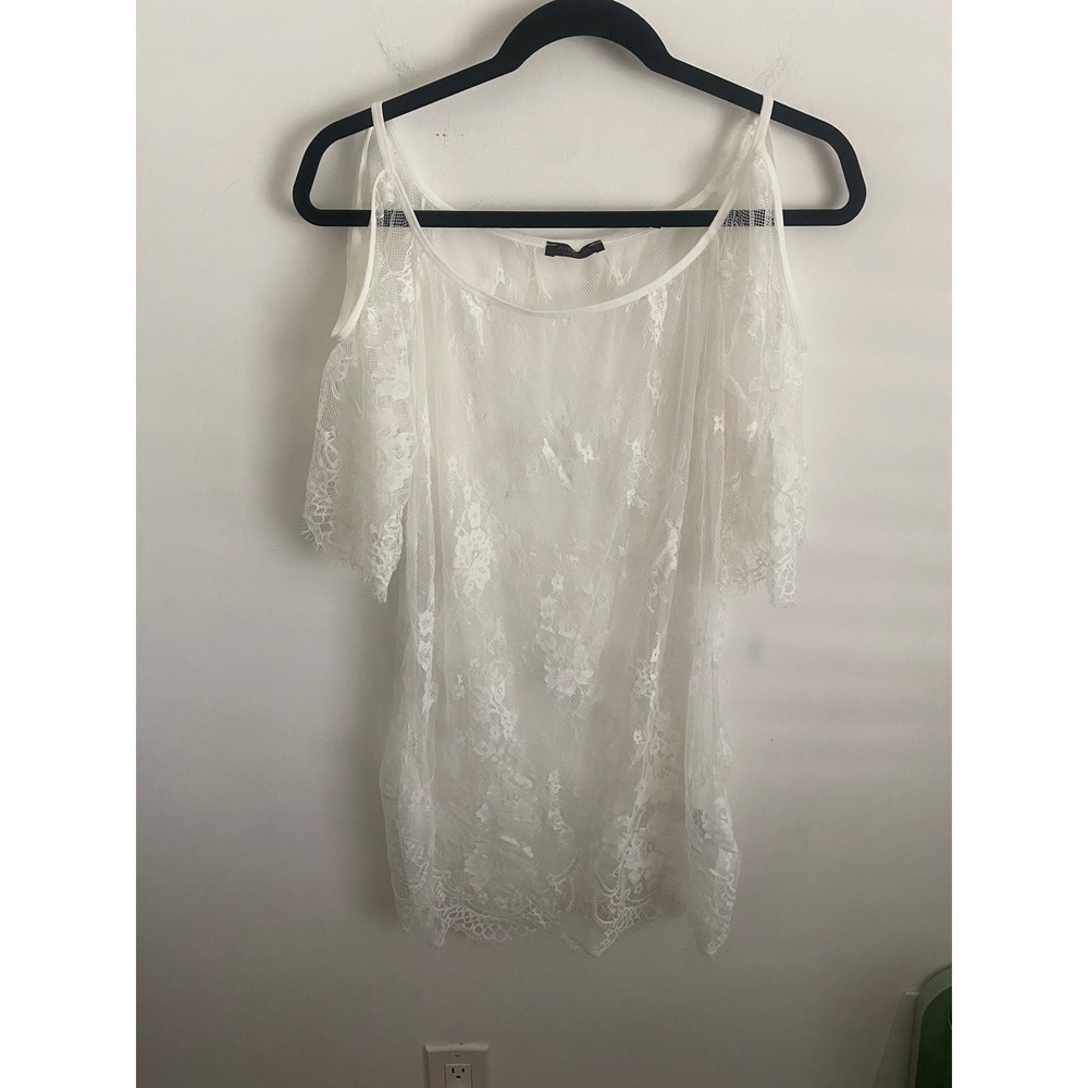White Floral Lace Cold Shoulder Sheer Mesh Top Cover Up Small